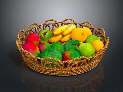 Assorted Fresh Fruits in Wicker Basket with Bananas Oranges Mangoes and Avocados 3d model