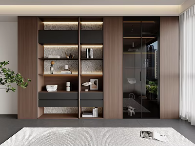 Modern Wooden Bookcase Design With Glass Doors LED Lighting And Decorative Items 3d model