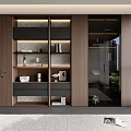 Modern Wooden Bookcase Design With Glass Doors LED Lighting And Decorative Items