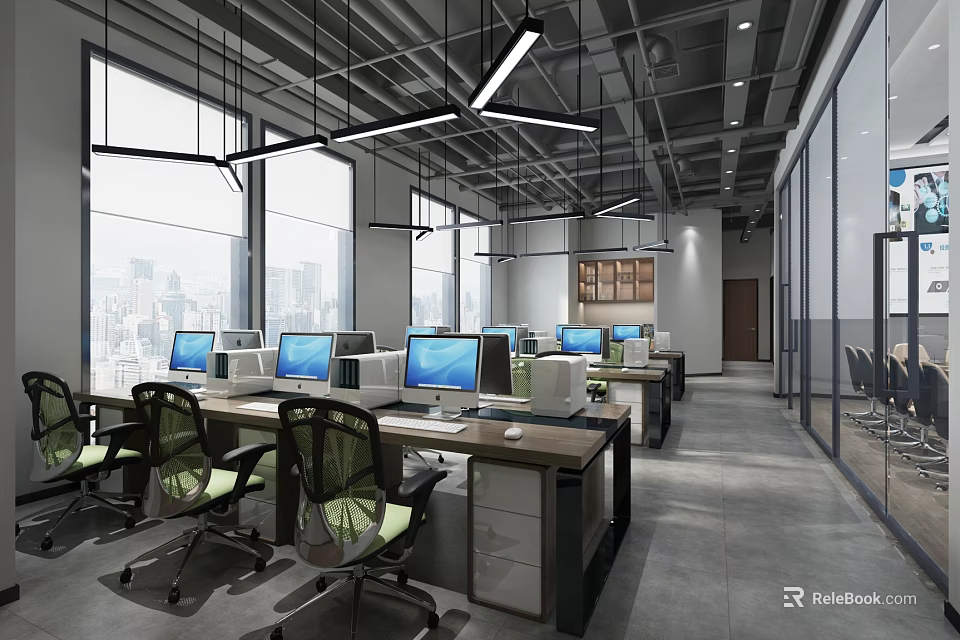 Modern Public Office Space with Workstations Computers Ergonomic Chairs and Large Windows 3d model 