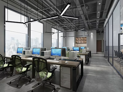 Modern Public Office Space with Workstations Computers Ergonomic Chairs and Large Windows 3d model