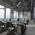 Modern Public Office Space with Workstations Computers Ergonomic Chairs and Large Windows 3d model