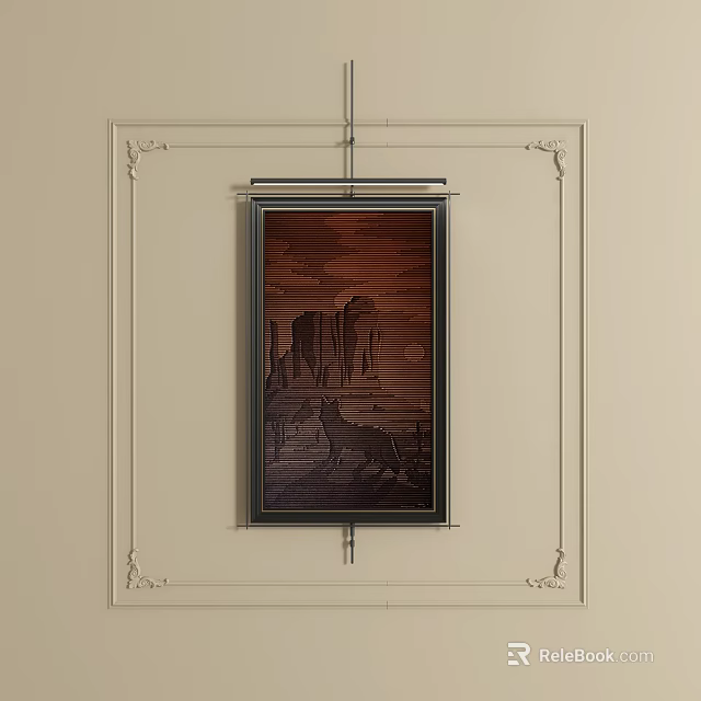 Abstract Painting Hanging On Wall With Dark Frame And Decorative Border 3d model 