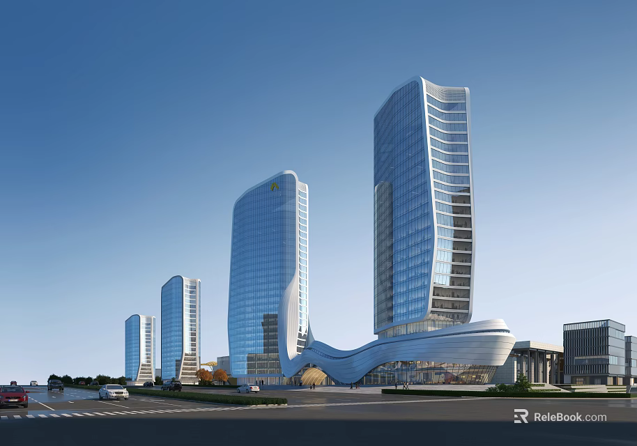Modern Tall Office Buildings With Glass Curtain Walls And Curved Architectural Design 3d model 