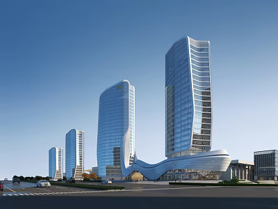 Modern Tall Office Buildings With Glass Curtain Walls And Curved Architectural Design 3d model