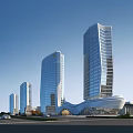 Modern Tall Office Buildings With Glass Curtain Walls And Curved Architectural Design