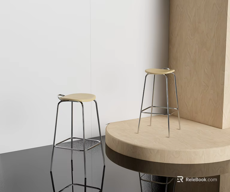 Modern Bar Stools With Wooden Seat And Metal Legs In Interior With Round Counter 3d model 
