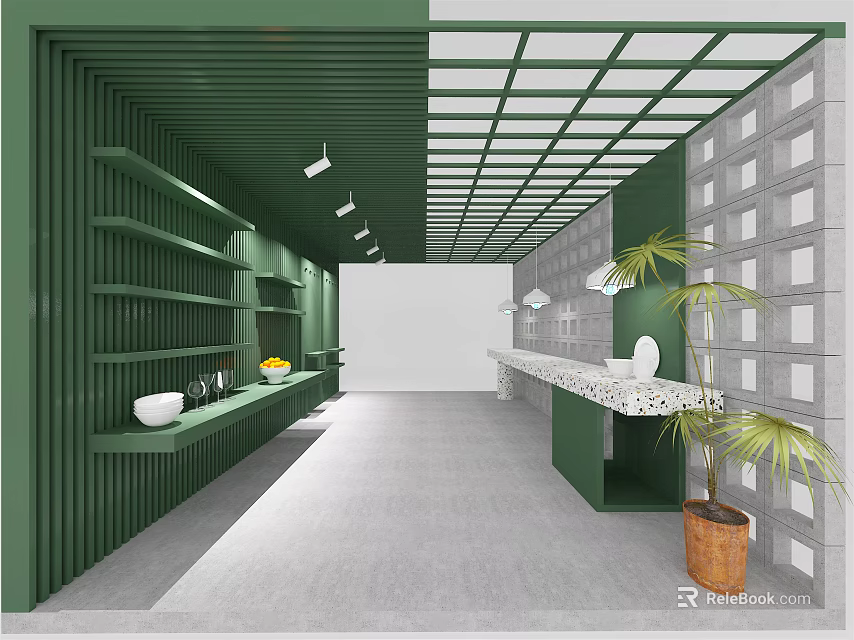 Modern Retail Interior With Green Shelves White Counter And Palm Plants 3d model 