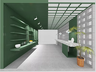 Modern Retail Interior With Green Shelves White Counter And Palm Plants 3d model