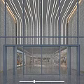 Modern Commercial Storefront With Glass Entrance Doors Striped Lighting And Pedestrians Walking By