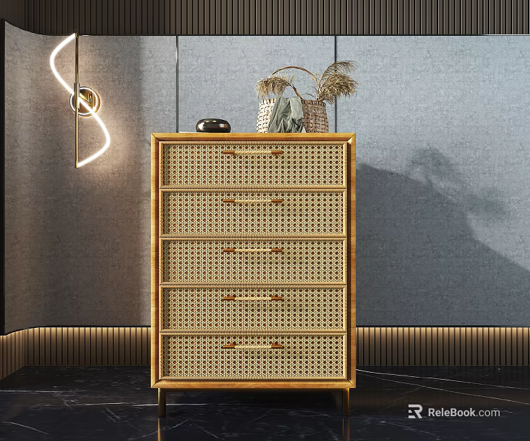 Modern Rattan Chest of Drawers with Wooden Frame and Decorative Items on Top 3d model 