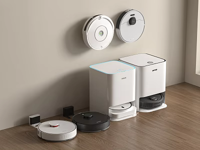 Smart Cleaning Robots Featuring Wall Mounted Docks And White Black Floor Models 3d model