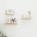 Wooden Wall Shelves on White Wall with Clock Books Photo Frame Flower Vase Dried Plants