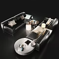 Black Leather Sofa Coffee Table Set With Pillows Table Lamp And Throw Blanket 3d model