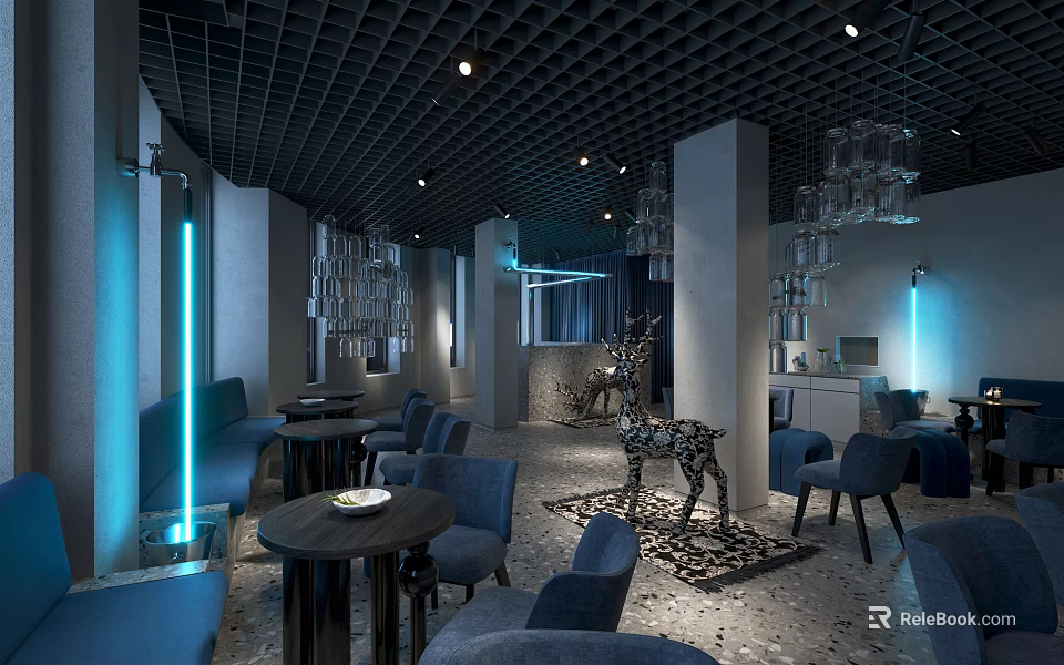 Modern Café With Dark Blue Seats Black Grid Ceiling Chandeliers Marble Floor And Blue Lighting 3d model 