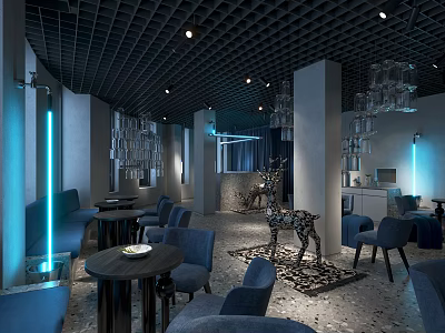 Modern Café With Dark Blue Seats Black Grid Ceiling Chandeliers Marble Floor And Blue Lighting 3d model