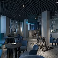 Modern Café With Dark Blue Seats Black Grid Ceiling Chandeliers Marble Floor And Blue Lighting