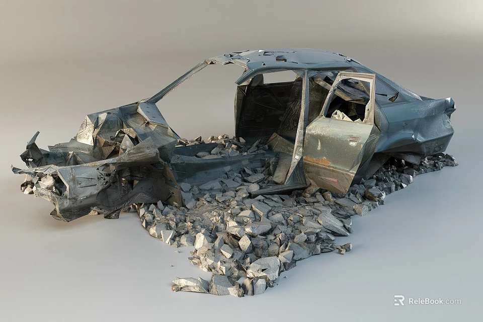 Wrecked Car With Broken Body Open Doors And Scattered Metal Debris 3d model 
