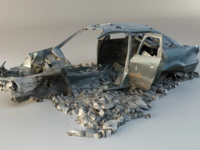 Wrecked Car With Broken Body Open Doors And Scattered Metal Debris 3d model