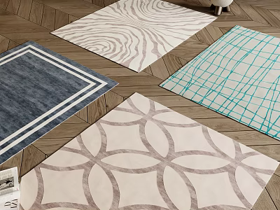 Square Rugs With Circular Motifs Grid Lines And Wave Textures On Wooden Floor 3d model