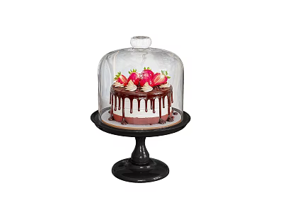 Chocolate Cake Topped with Fresh Strawberries Under Glass Dome on Black Stand 3d model