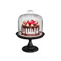 Chocolate Cake Topped with Fresh Strawberries Under Glass Dome on Black Stand