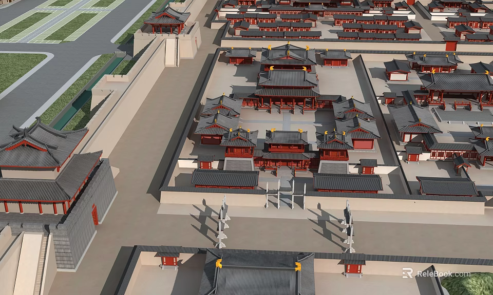 Ancient Chinese Architectural Complex With Red Walls Grey Tiles And Courtyard Layout 3d model 