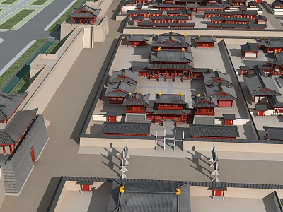 Ancient Chinese Architectural Complex With Red Walls Grey Tiles And Courtyard Layout 3d model