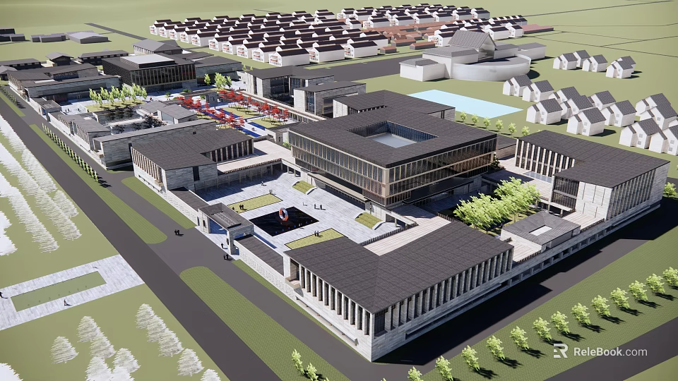 Urban Architectural Complex Featuring Traditional Black Tile Roofs And Modern Glass Curtain Walls 3d model 