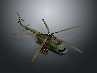 Vintage Green Military Helicopter With Large Rotors And Fuselage Details 3d model