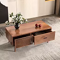 Wooden Coffee Table With Black Vase White Flowers Two Red Apples And Louvered Drawer