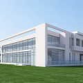Modern Office Building With White Exterior Large Windows Sleek Design And Green Lawn Frontage