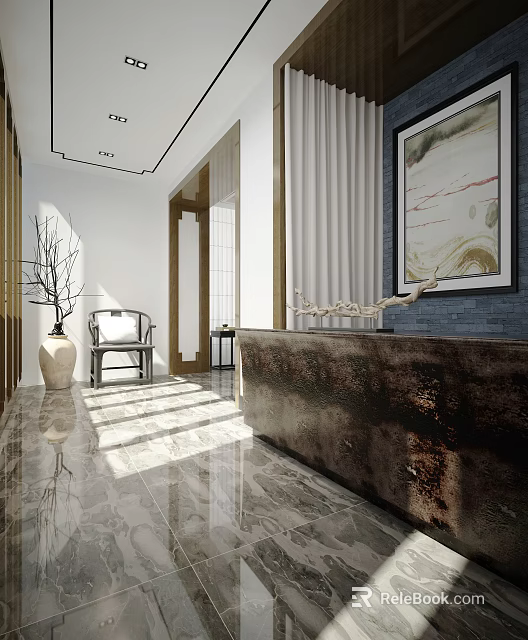 Modern Front Desk Reception Area With Marble Flooring Sunlight Chair And Decorative Painting 3d model 