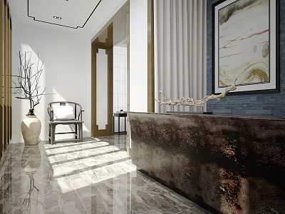Modern Front Desk Reception Area With Marble Flooring Sunlight Chair And Decorative Painting 3d model