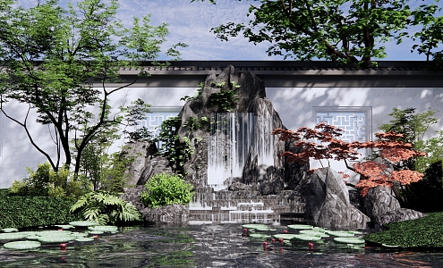 New Chinese style landscape sketch rockery waterscape waterfall landscape rockery overlapping water courtyard landscape sketch garden pool 3d model