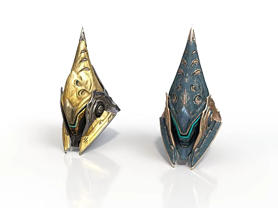 Two Decorative Conical Objects With Gold And Dark Blue Intricate Patterns And Ornate Surface Designs 3d model