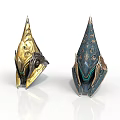 Two Decorative Conical Objects With Gold And Dark Blue Intricate Patterns And Ornate Surface Designs 3d model