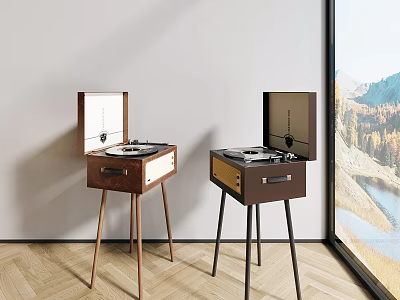 Vintage Wooden Audio Speakers with Turntable on Stand Near Window Natural View 3d model