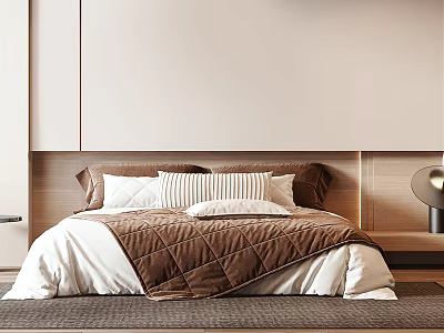 Modern Double Bed Interior With Brown White Quilt Striped Pillows Wooden Backdrop Warm Lighting 3d model
