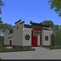 Ancient Chinese Traditional Building With Red Door Traditional Roof Overhanging Eaves White Walls And Lawn