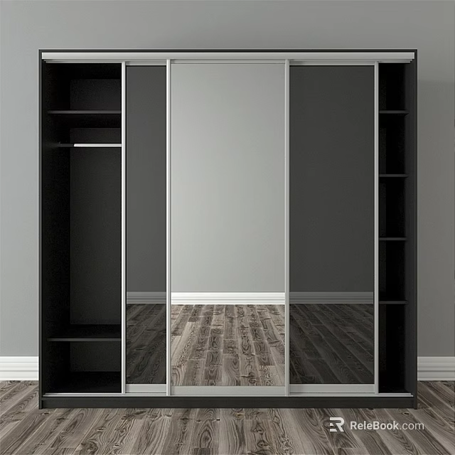 Modern Wardrobe With Sliding Mirrored Doors Open Shelves And Wooden Floor 3d model 