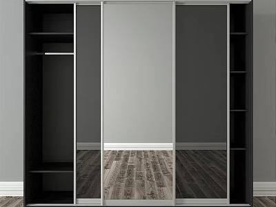 Modern Wardrobe With Sliding Mirrored Doors Open Shelves And Wooden Floor 3d model