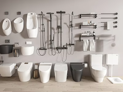 Various White And Black Toilets With Urinals Shower Heads And Towel Racks 3d model