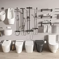 Various White And Black Toilets With Urinals Shower Heads And Towel Racks