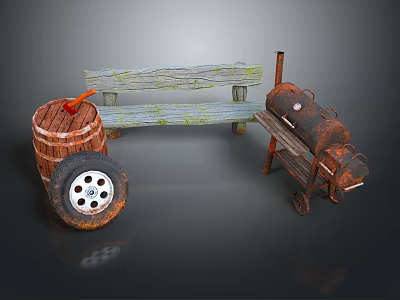 Rustic Wooden Bench Featuring Weathered Wood And Wooden Barrel With Metal Wheels 3d model