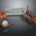 Rustic Wooden Bench Featuring Weathered Wood And Wooden Barrel With Metal Wheels