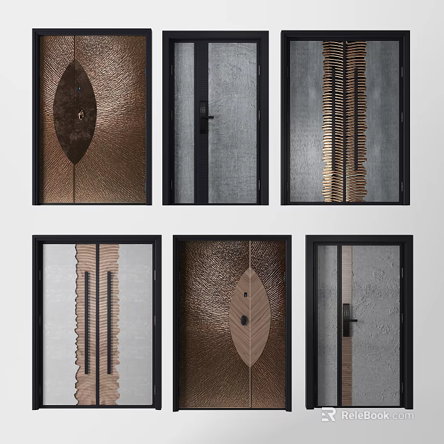 Various Modern Parent Child Door Designs Featuring Metallic Finishes and Leaf Patterns 3d model