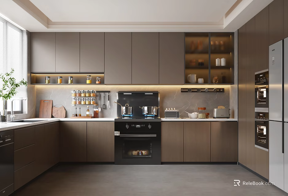 Modern Kitchen Interior With Gray And Wood Cabinets Black Stove And Glass Door Shelves 3d model 