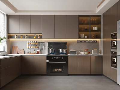 Modern Kitchen Interior With Gray And Wood Cabinets Black Stove And Glass Door Shelves 3d model