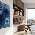 Modern Bedroom Interior Design With Wooden Desk Floor to Ceiling Windows and Geometric Rug